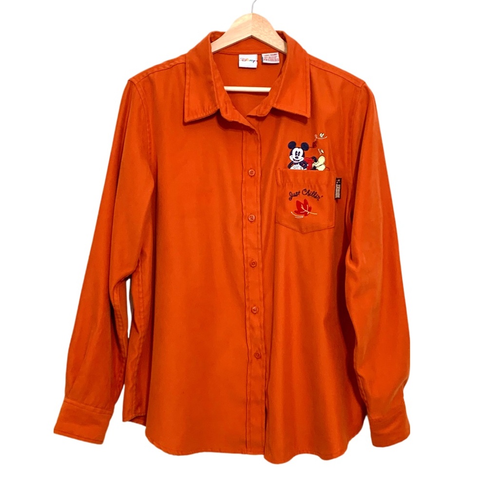 Vintage Disney Mickey Mouse Just Chillin’ Burnt Orange Button Down Top Large